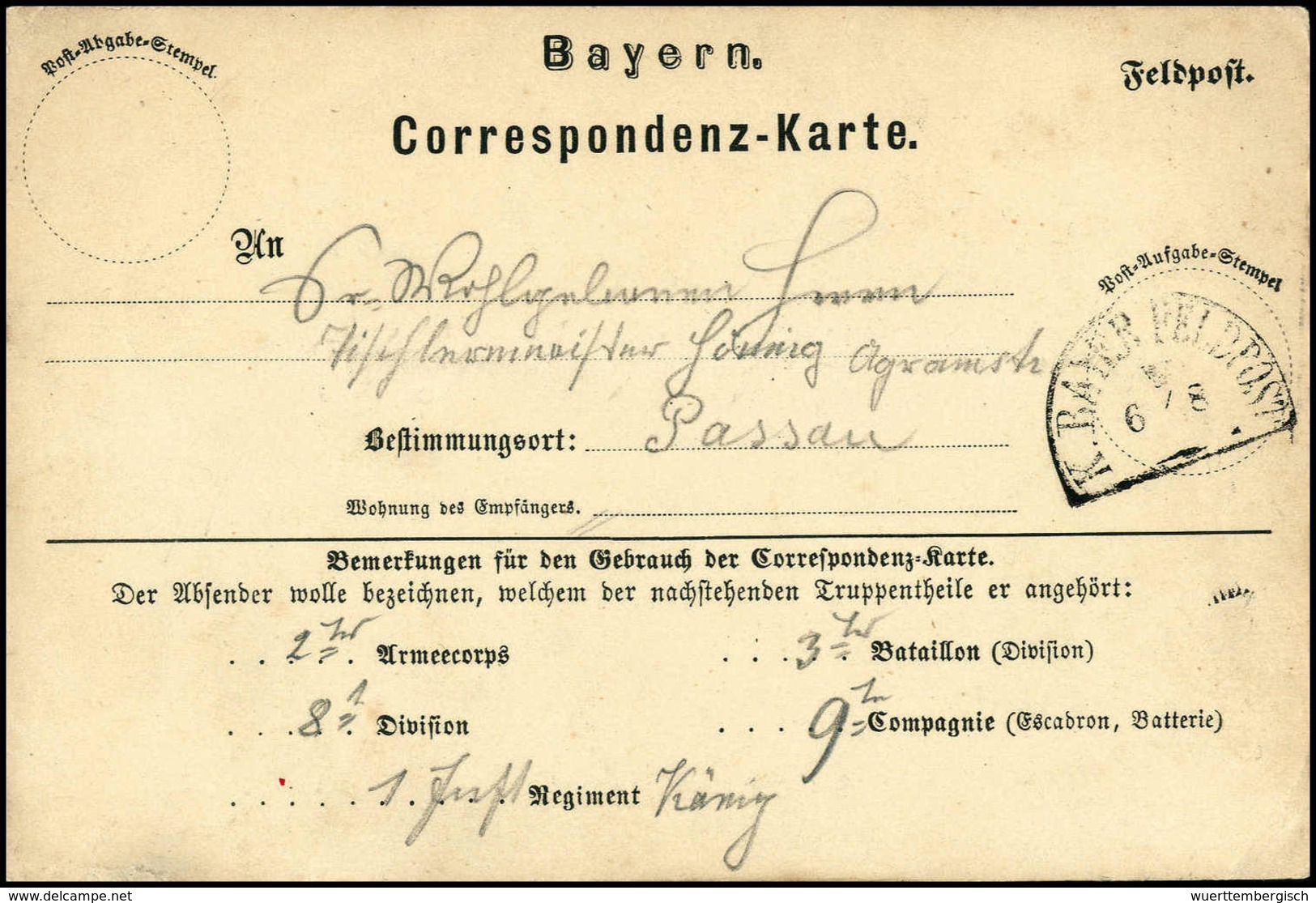 Beleg 1870, K.BAYER.FELDPOST V, HK Auf Seltener Feldpost-Korrespondenzkarte Nach Passau. - Altri & Non Classificati