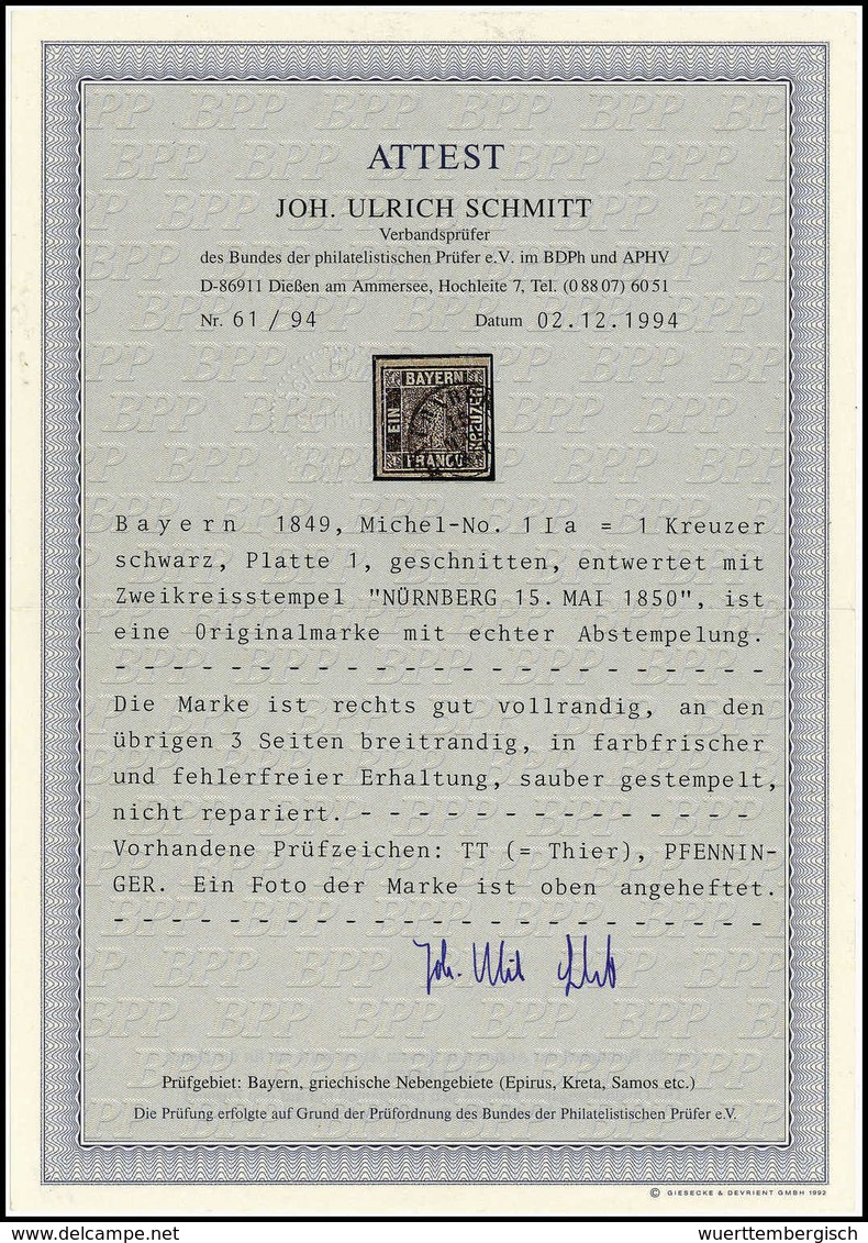 Gest. 1 Kr., Frisches Und Breitrandiges Kab.-Stück Mit Sauber Aufges. K2 NÜRNBERG 15.Mai 1850, Sign. Pfenninger, Fotoatt - Other & Unclassified