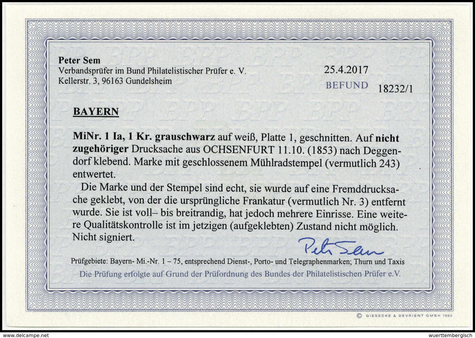 1 Kr., Farbfrisches Und Genau Zentr. Gestplt. Exemplar Auf Sauberer Kl. Drucksache Von Ochsenfurt Nach Deggendorf. Unauf - Sonstige & Ohne Zuordnung