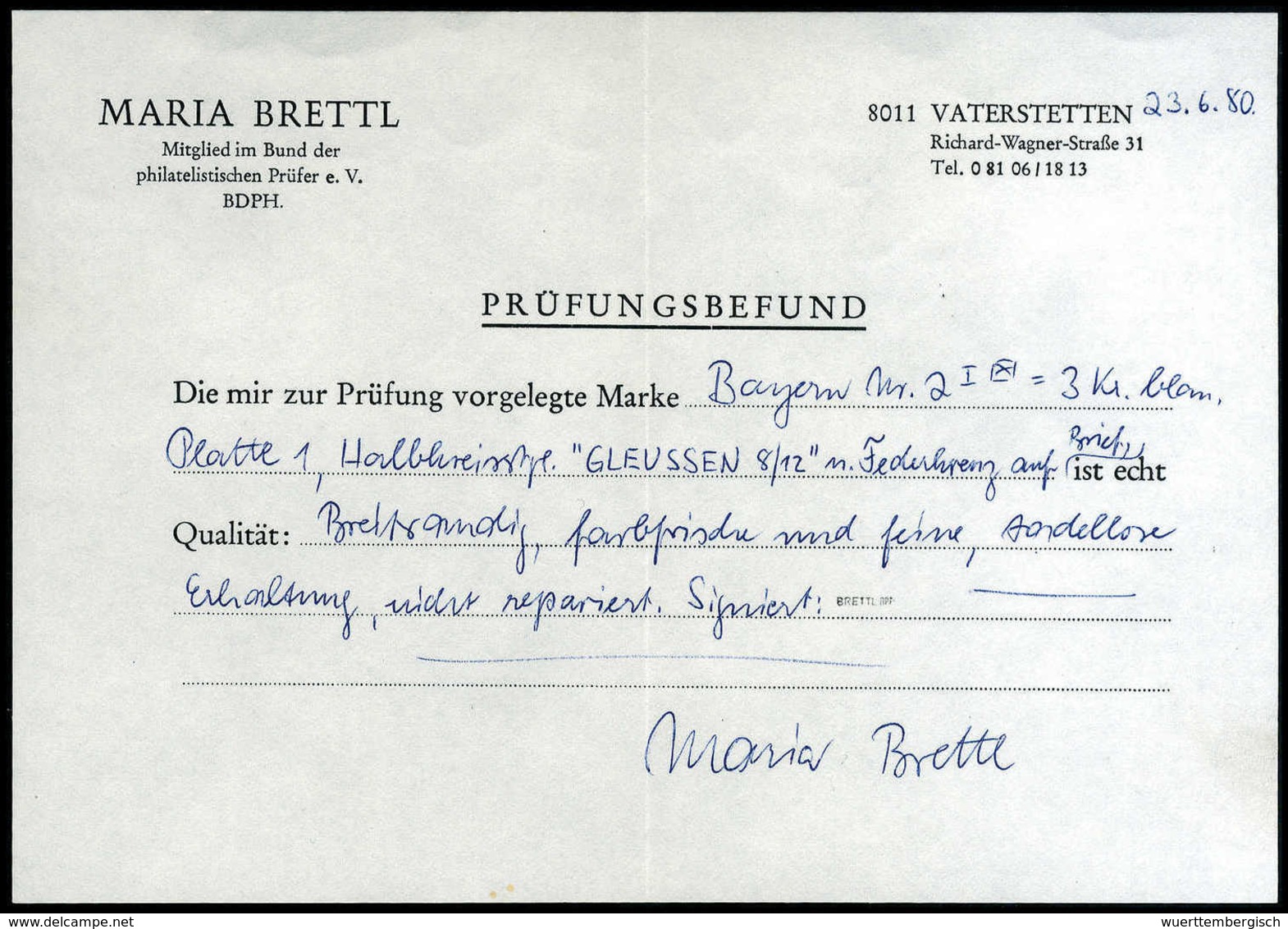 3 Kr., Schöner, Weißer Luxusbrief Mit Sauber Aufges. HK GLEUSSEN Sowie Federkreuz, Befund Brettl BPP. (Michel: 2Ia) - Sonstige & Ohne Zuordnung