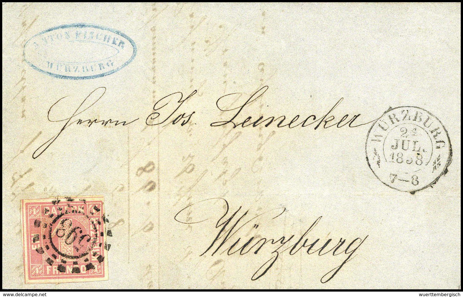 1 Kr., Schöner Blauer Kab.-Ortsbrief Mit OMR "593" WÜRZBURG, Sign. Schmitt BPP. (Michel: 3Ia) - Altri & Non Classificati