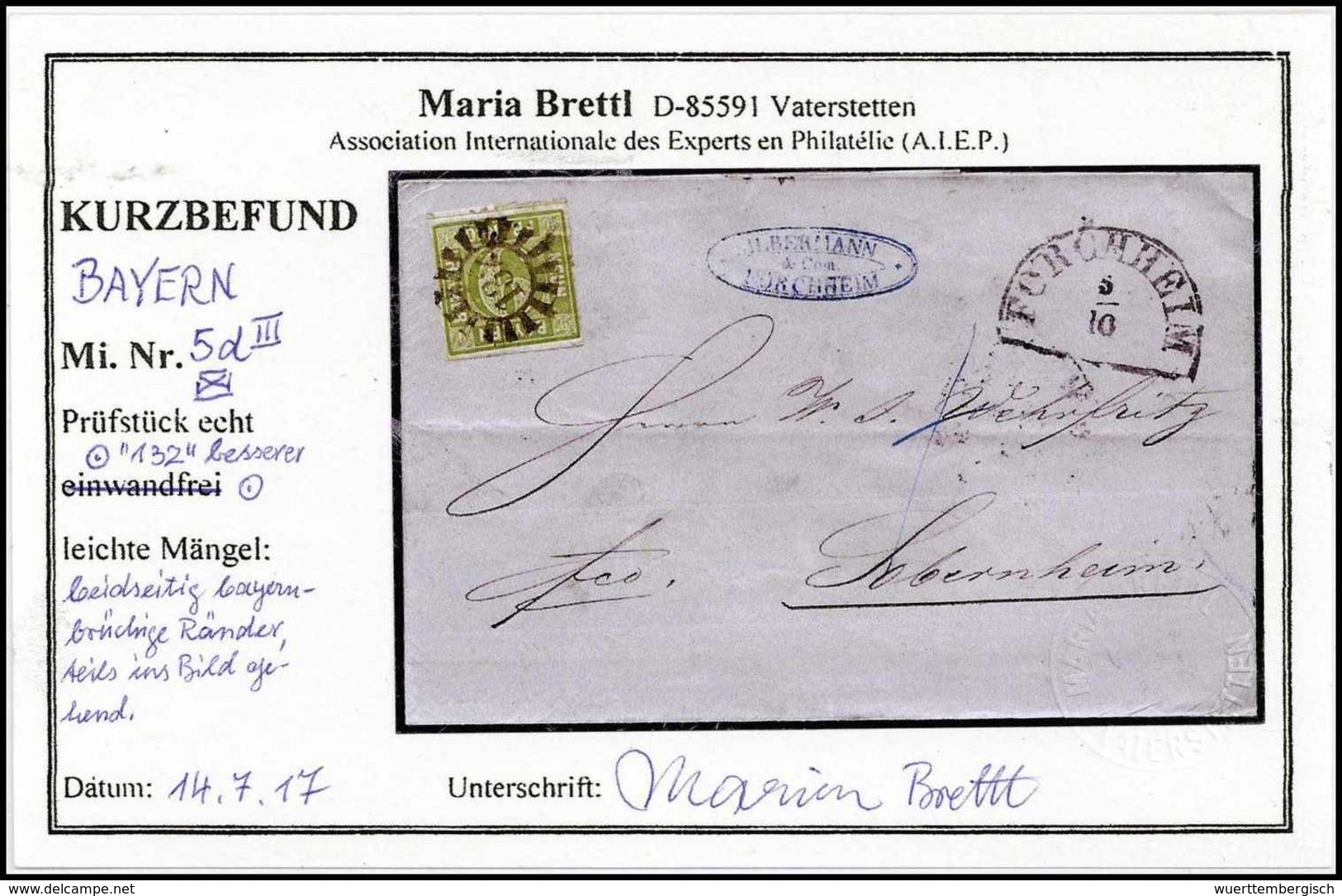 9 Kr., Prachtstück (etwas Bayernbrüchig) Mit Genau Zentr. MR "132" FORCHHEIM Auf Blauem Faltbrief, Fotobefund Brettl. (M - Autres & Non Classés