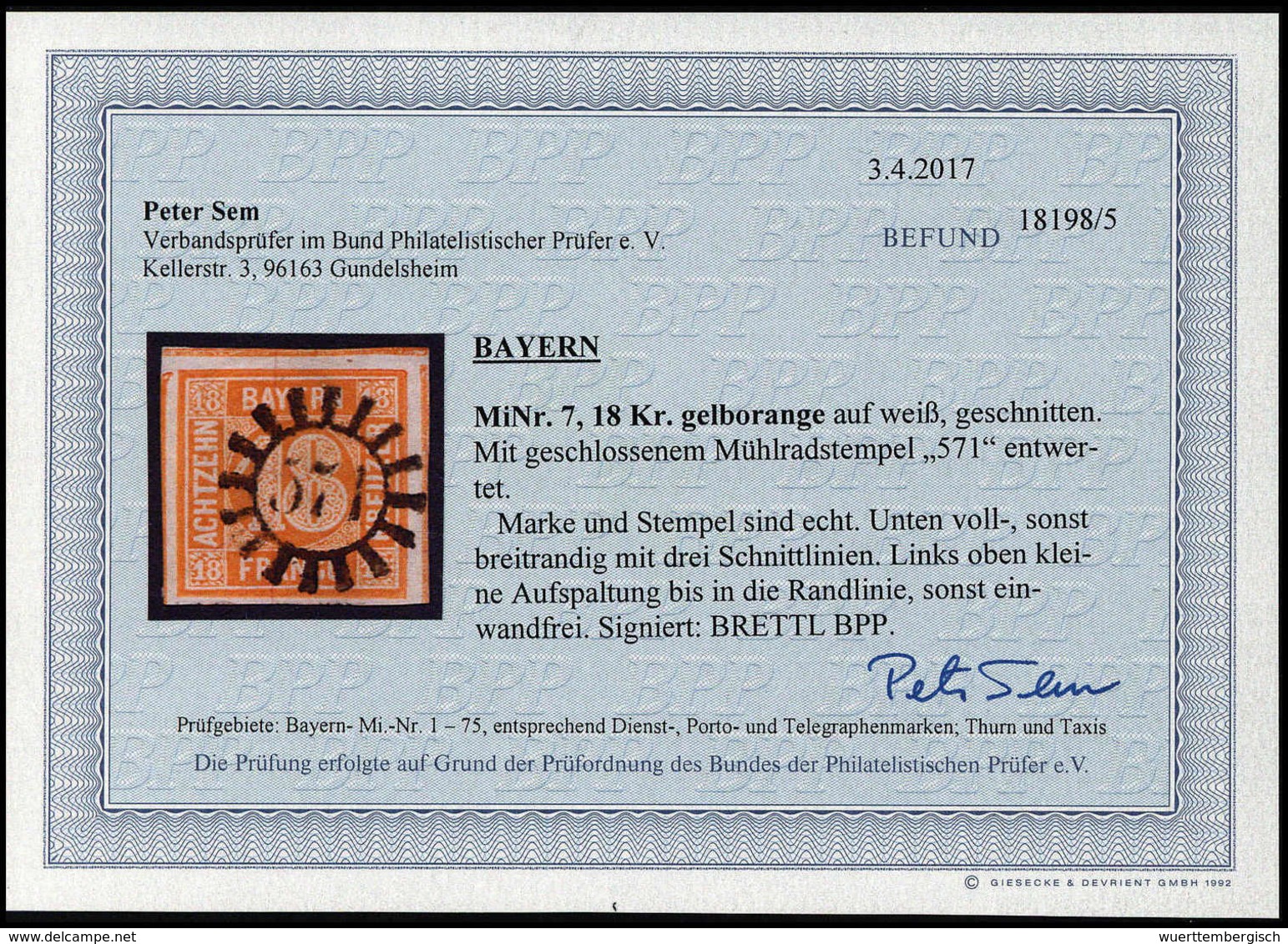 Gest. 18 Kr., Farbfrisch Und äußerst Breitrandig (oben Kl. Spalt) Mit Schönem MR "571", Sign. Brettl BPP, Fotobefund Sem - Autres & Non Classés