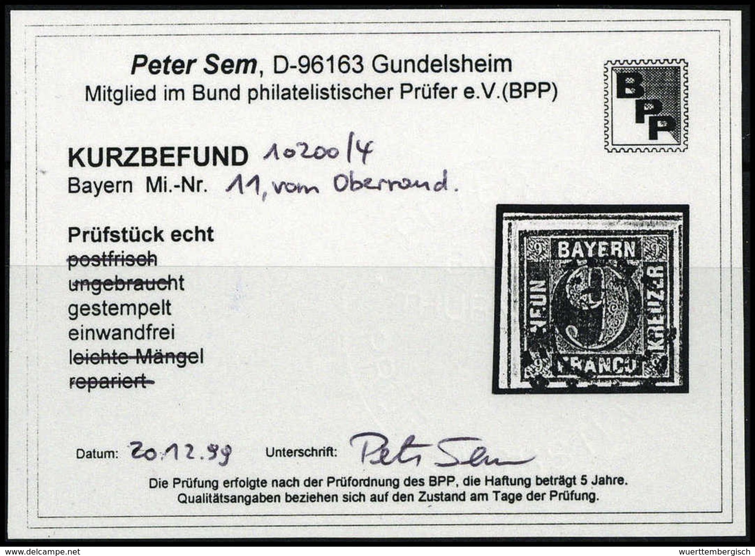 Gest. 9 Kr., Groß Geschnittenes Luxus-Oberrandstück, Fotobefund Sem BPP. (Michel: 11) - Autres & Non Classés