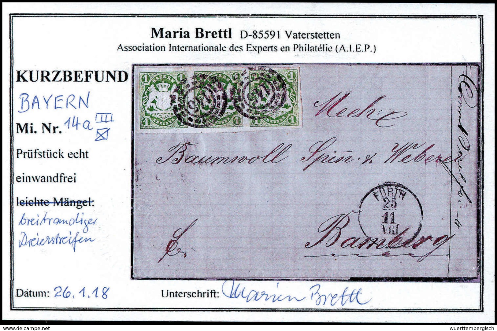 Beleg 1 Kr., Waagr. Kab.-Dreierstreifen Mit Zentr. OMR "145" FÜRTH Auf Schönem Brief Nach Bamberg, Fotobefund Brettl. (M - Altri & Non Classificati