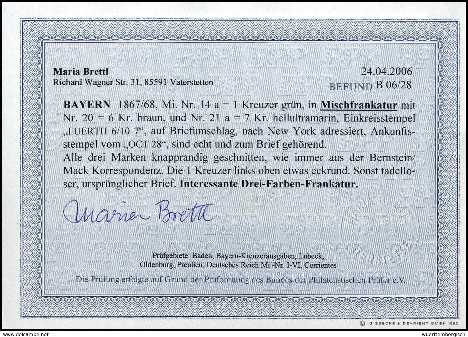 Beleg 1 Kr., Mischfrankatur Mit Ausgabe 1868, 6 Kr. Braun Und 7 Kr. Ultramarin Auf Schönem Gelbem Überseebrief In Die US - Autres & Non Classés