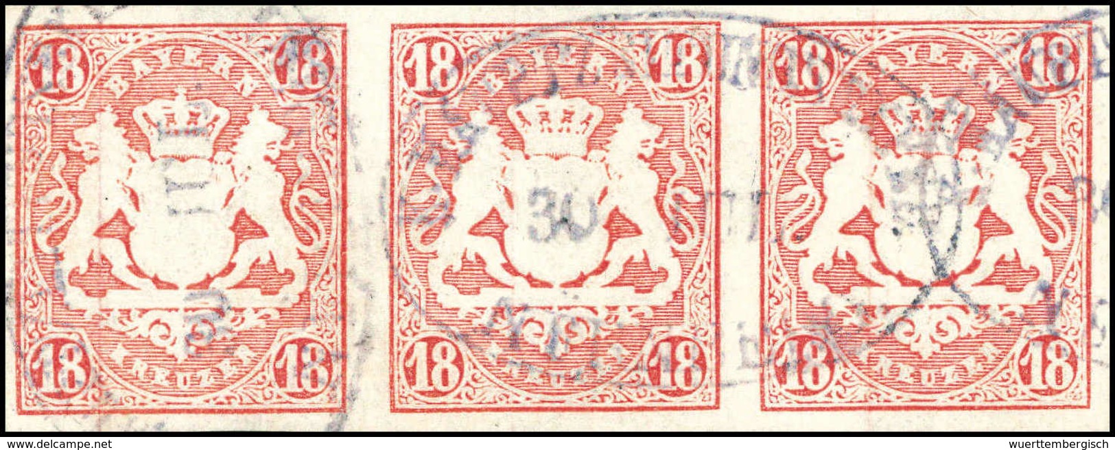 Gest. 18 Kr., Waagr. Kab.-Dreierstreifen, Ringsum Breitrandig Und Mit Sauber Aufges. Blauvioletten Ovalstempeln K.HAUPTZ - Altri & Non Classificati