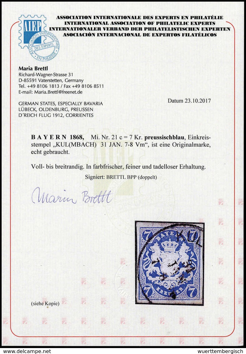 Gest. 7 Kr., Frisches Und Breitrandiges Kab.-Stück Mit K1 KULMBACH, Fotoattest Brettl.<br/><b>Katalogpreis: 1.000,-</b>  - Sonstige & Ohne Zuordnung