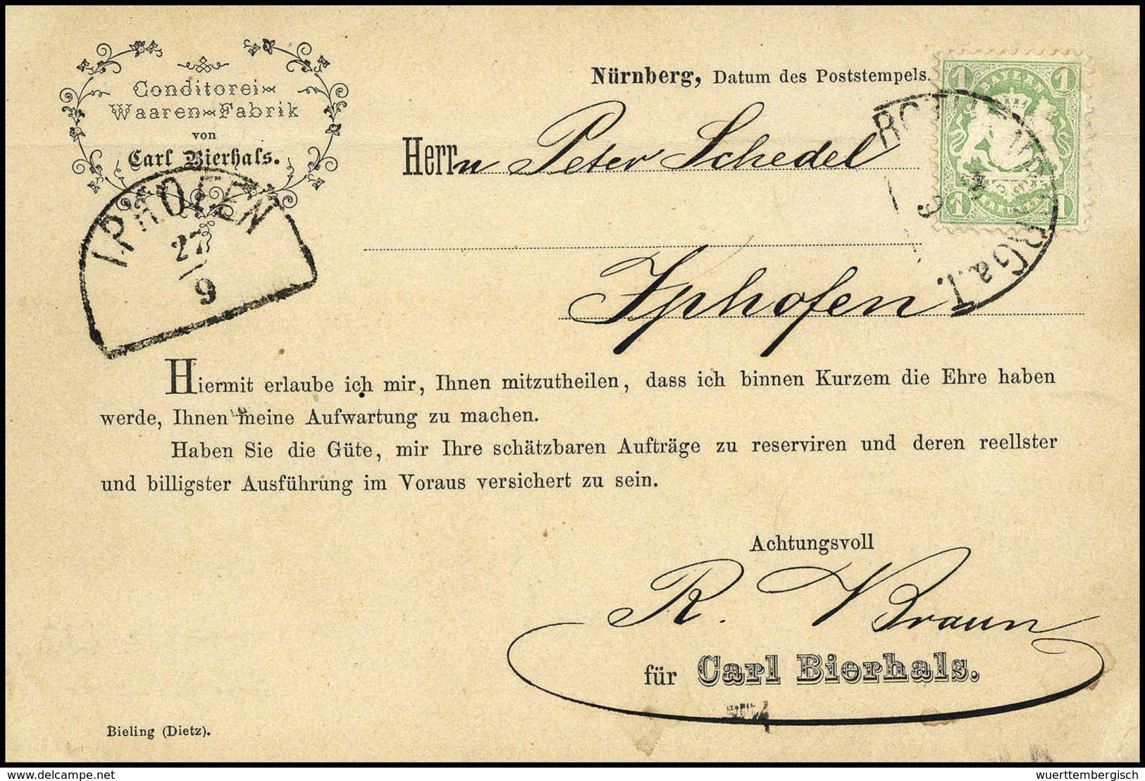 1 Kr., Einzelfrankatur Mit HK ROTENBURG A.T. Auf Schöner Werbe-Postkarte "Conditorei-Waaren-Fabrik Bierhals". Marke Zur  - Autres & Non Classés