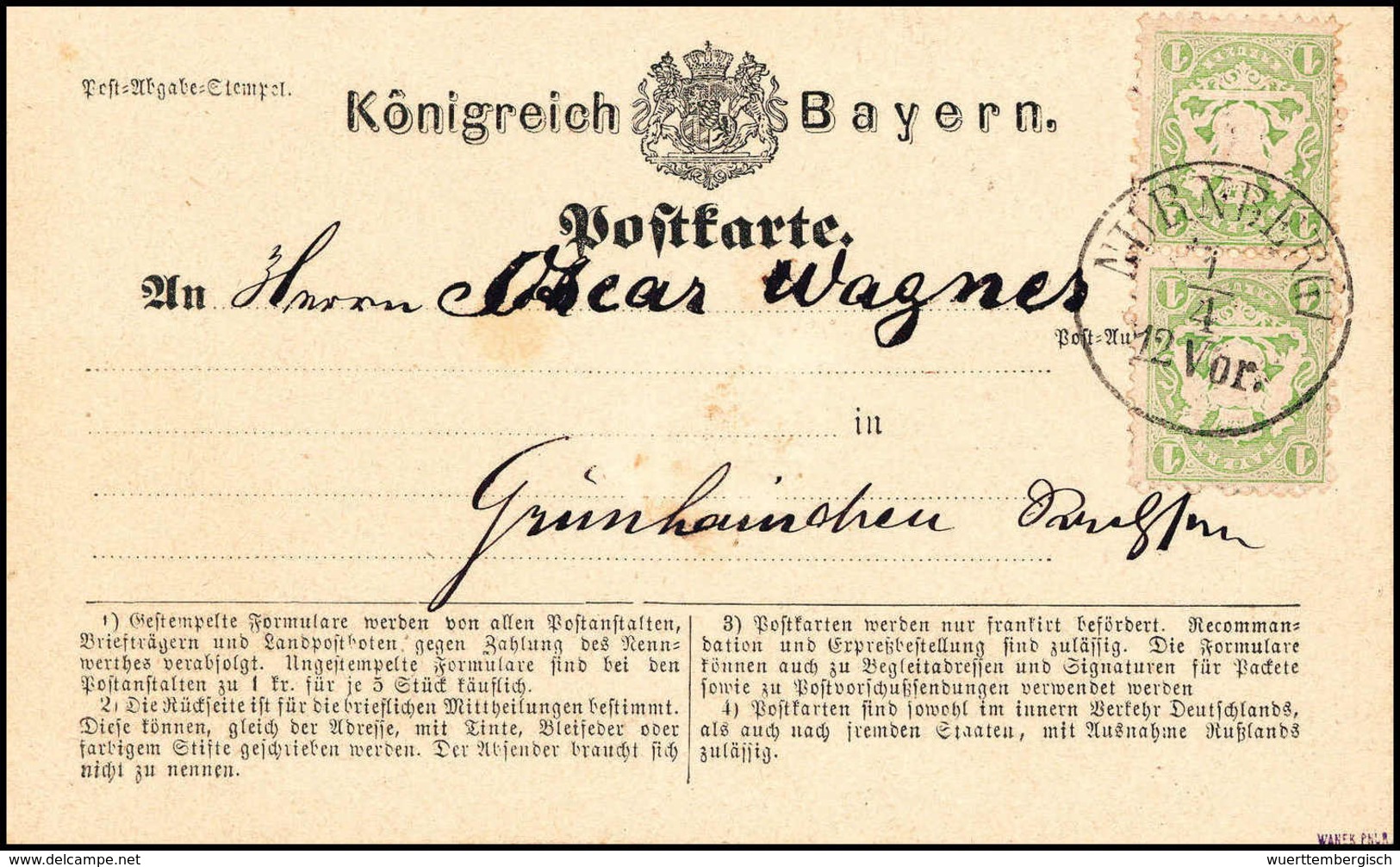 Beleg 1 Kr., Senkr. Kab.-Paar Mit NÜRNBERG I Auf Schöner Postkarte Nach Sachsen. (Michel: 22Ya(2)) - Other & Unclassified