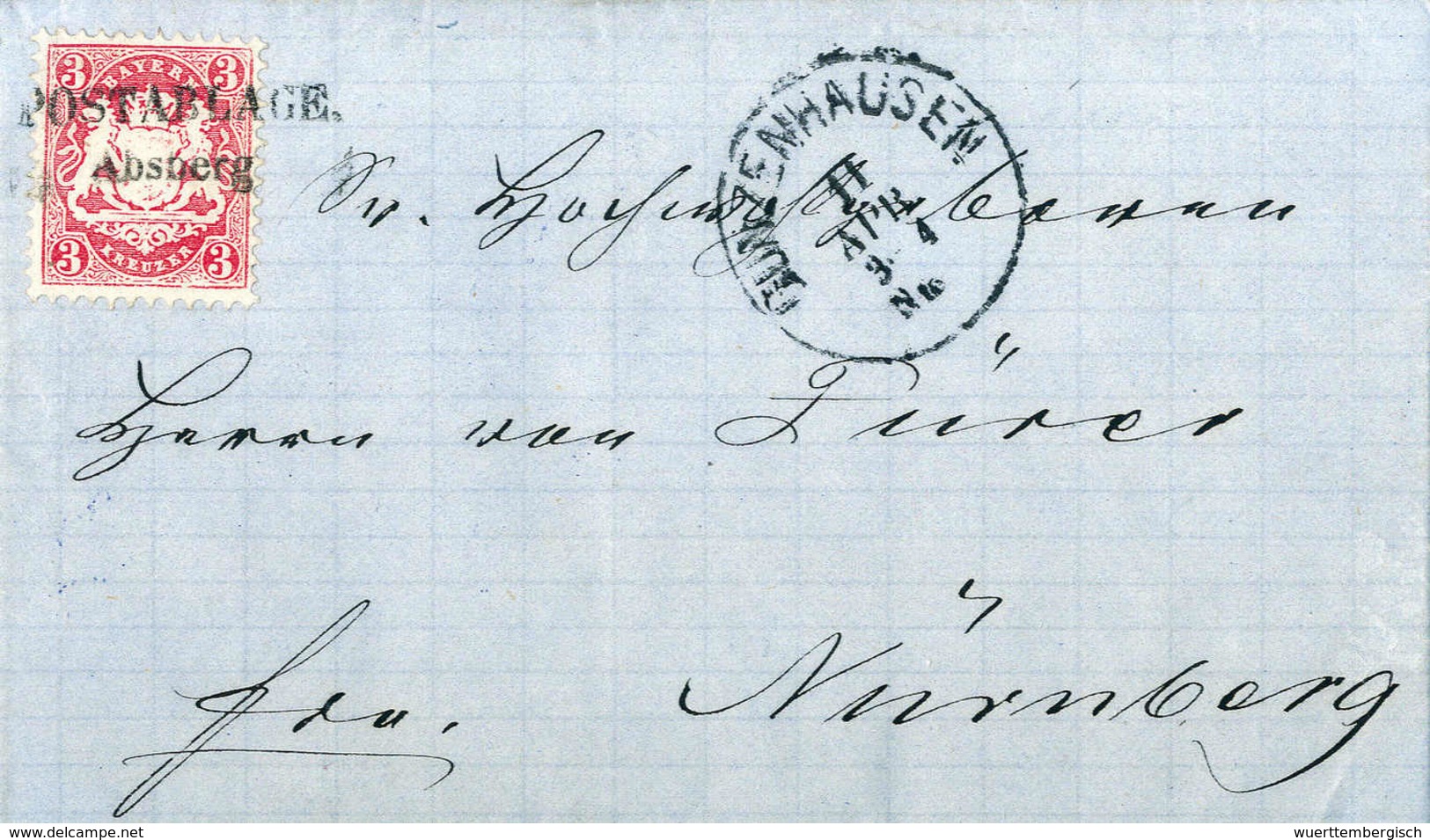 3 Kr., Frischer, Blauer Luxusbrief Mit Dekorat. Aufges. L2 POSTABLAGE ABSBERG, Beiges. K1 GUNZENHAUSEN, Sign. Sem BPP. ( - Autres & Non Classés