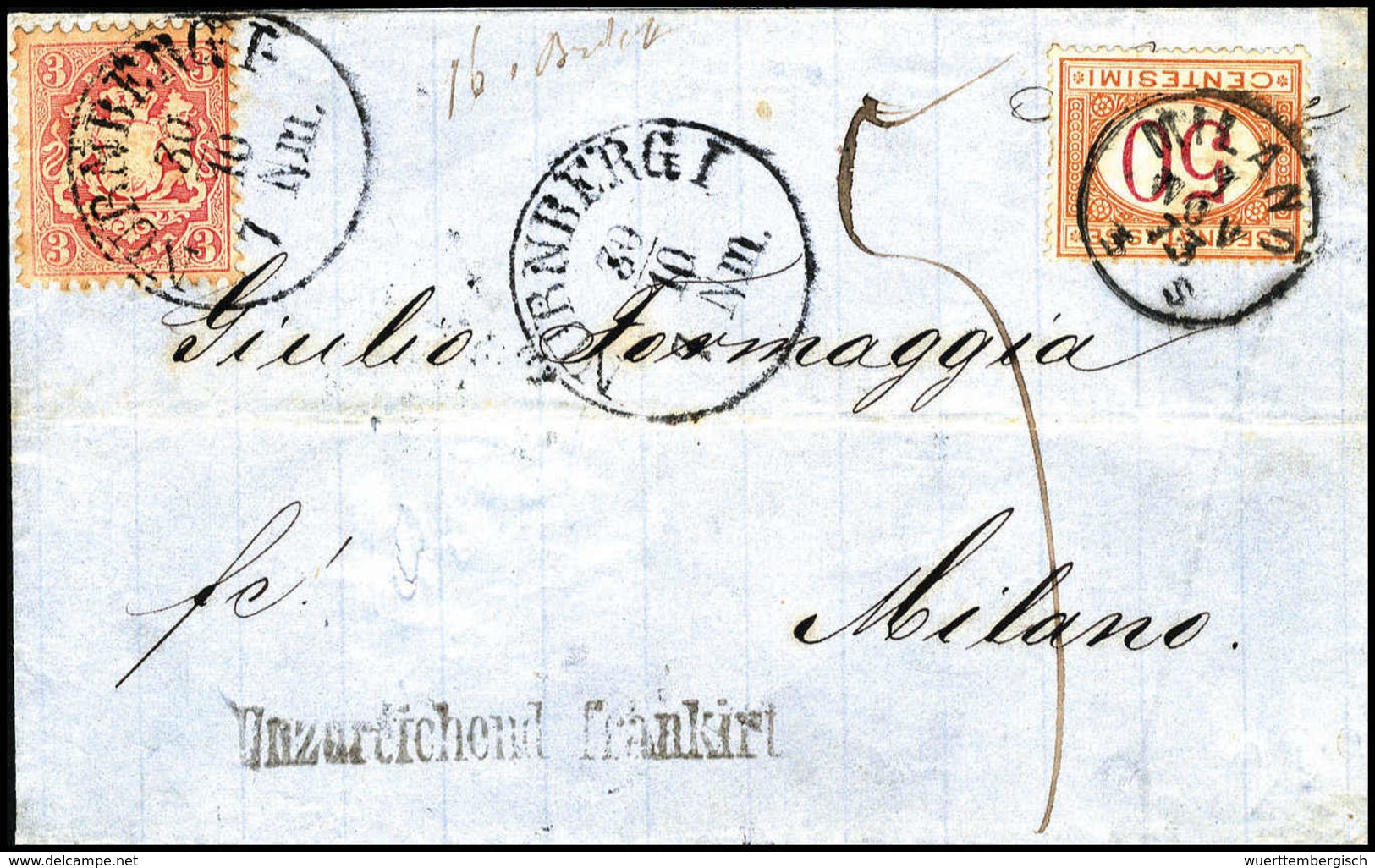3 Kr., Ungenügende Frankatur Auf Sauberem, Blauem Faltbrief Nach Mailand, Klare K1 NÜRNBERG I 30/10 (1873) Und Seltener  - Other & Unclassified
