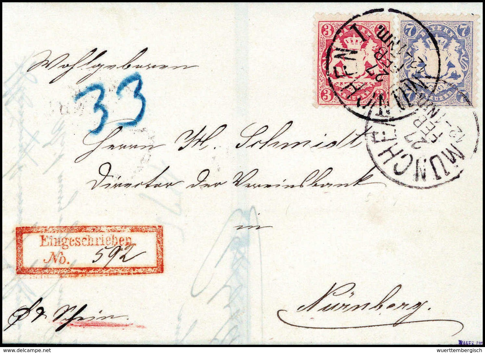 Beleg 3 Kr. Mit 7 Kr. Ultramarin, Frischer Kab.-Brief Mit K1 MÜNCHEN Und Rotem R1 "Eingeschrieben No." Nach Nürnberg. (M - Autres & Non Classés