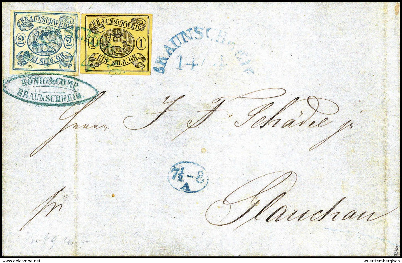 Beleg 2 Sgr., Mischfrankatur Mit Ausgabe 1853, 1 Sgr. Chromgelb, Beide Marken Frisch Und Breitrandig Auf Schönem Blauem  - Autres & Non Classés