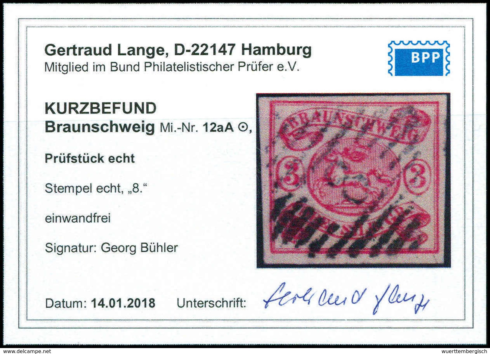 Gest. 3 Sgr., Besonders Tieffarbiges Luxusstück Mit Genau Zentr. Stempel "8" BRAUNSCHWEIG, Fotobefund Lange BPP.<br/><b> - Autres & Non Classés