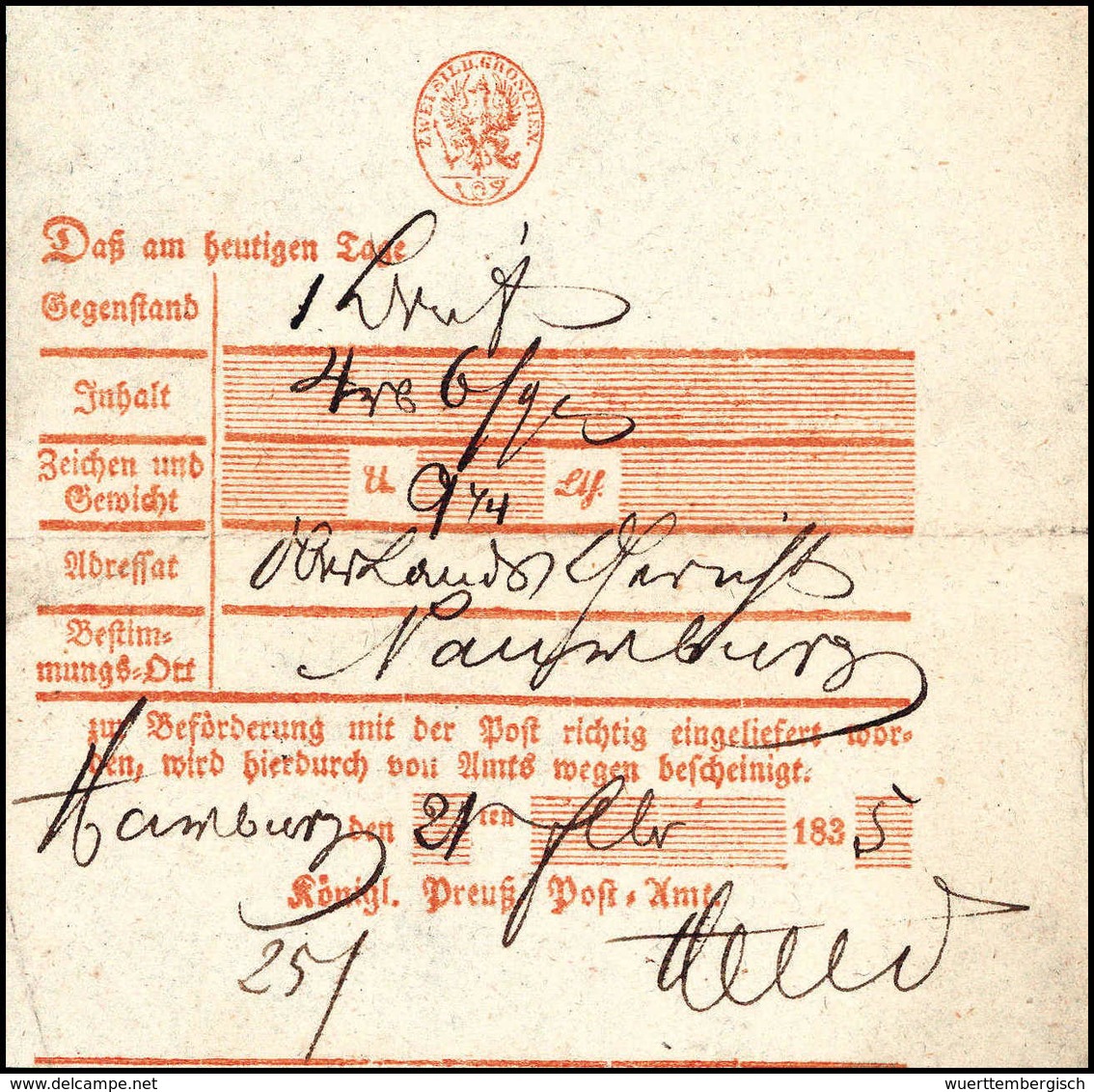 Beleg 1835, HAMBURG, Seltener Roter Postschein (gef.) Des Preussischen Postamts. - Other & Unclassified