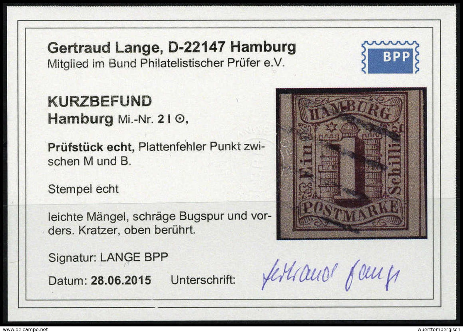 Gest. 1 Sch., Plf. I, Sauber Gestplt., Kl. Mgl., Fotobefund Lange BPP.<br/><b>Katalogpreis: 600,-</b> (Michel: 2I) - Sonstige & Ohne Zuordnung