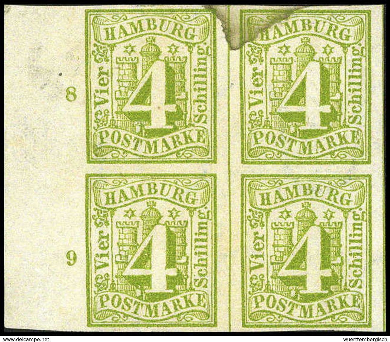 * 4 Sch., Ungebr. Rand-Viererblock Mit Reihenzahlen "8" Und "9", Das Obere Paar Oben Mit Randfleck, Unteres Perfekt Post - Other & Unclassified