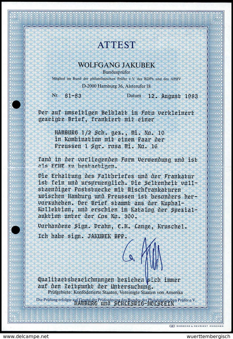 Tarifmäßige Mischfrankatur Hamburg/Preussen: ½ Sch. Schwarz, Mischfrankatur Mit Waagr. Paar Preussen 1 Sgr. Karminrosa A - Autres & Non Classés