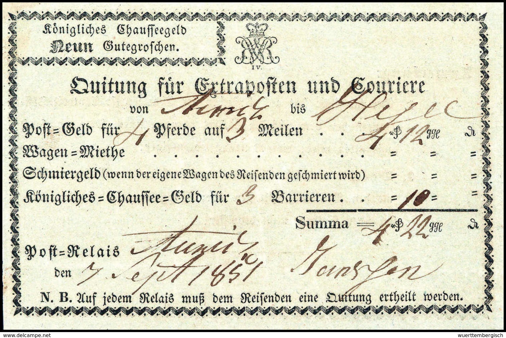 Beleg 1851, Aurich, Seltene "Quittung Für Extrapost Und Couriere", Postgeld Für Vier Pferde Auf Drei Meilen. - Autres & Non Classés