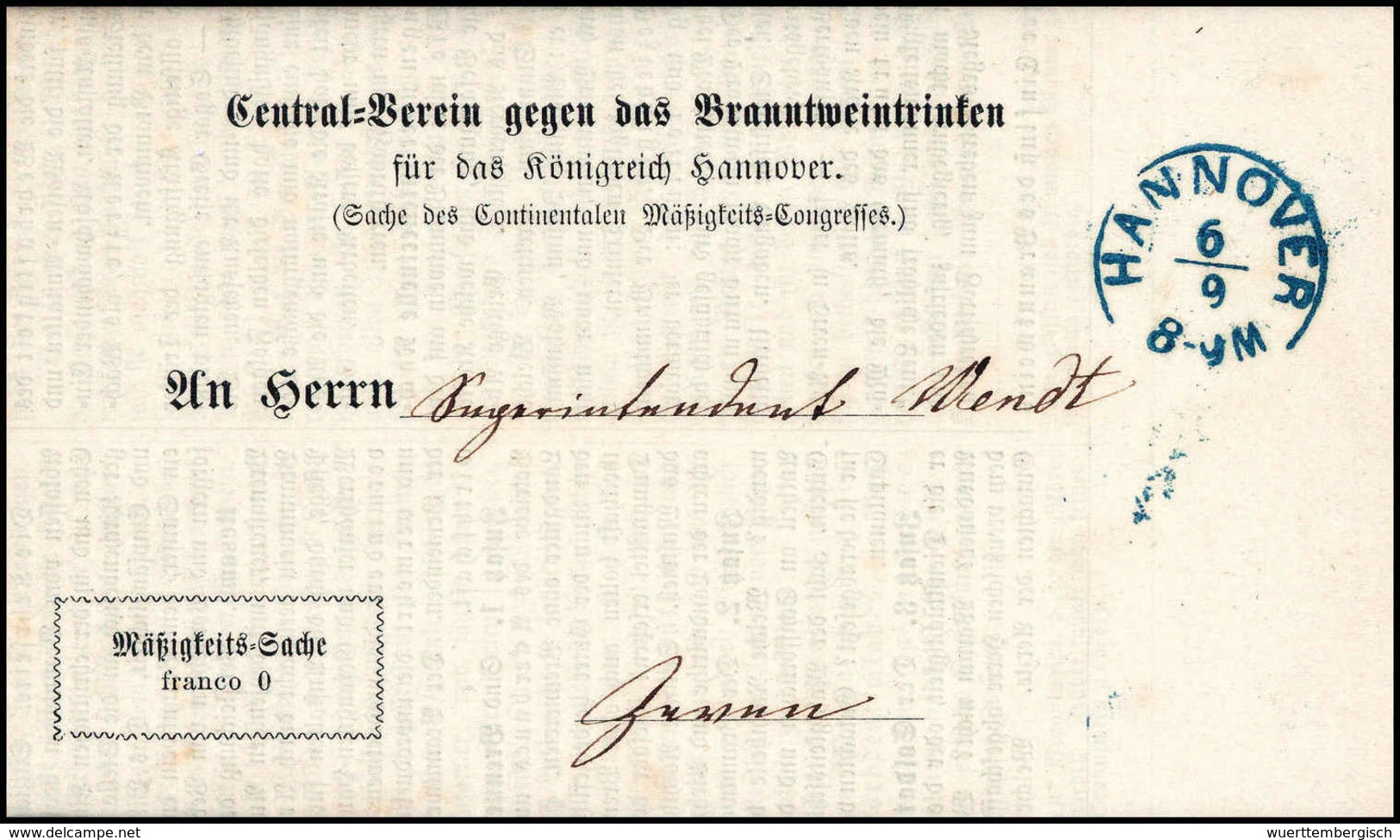 Beleg 1863, HANNOVER, Blauer K2 Auf Seltener Portofreiheits-Drucksache "Central-Verein Gegen Das Branntweintrinken". - Other & Unclassified