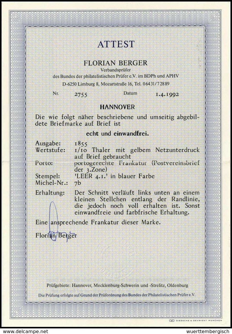 1/10 Th., Gelbes Netz, Frischer Blauer Kab.-Brief Mit K2 LEER Nach Thurn & Taxis. Die Marke Mit Dem Gelben Netzunterdruc - Other & Unclassified