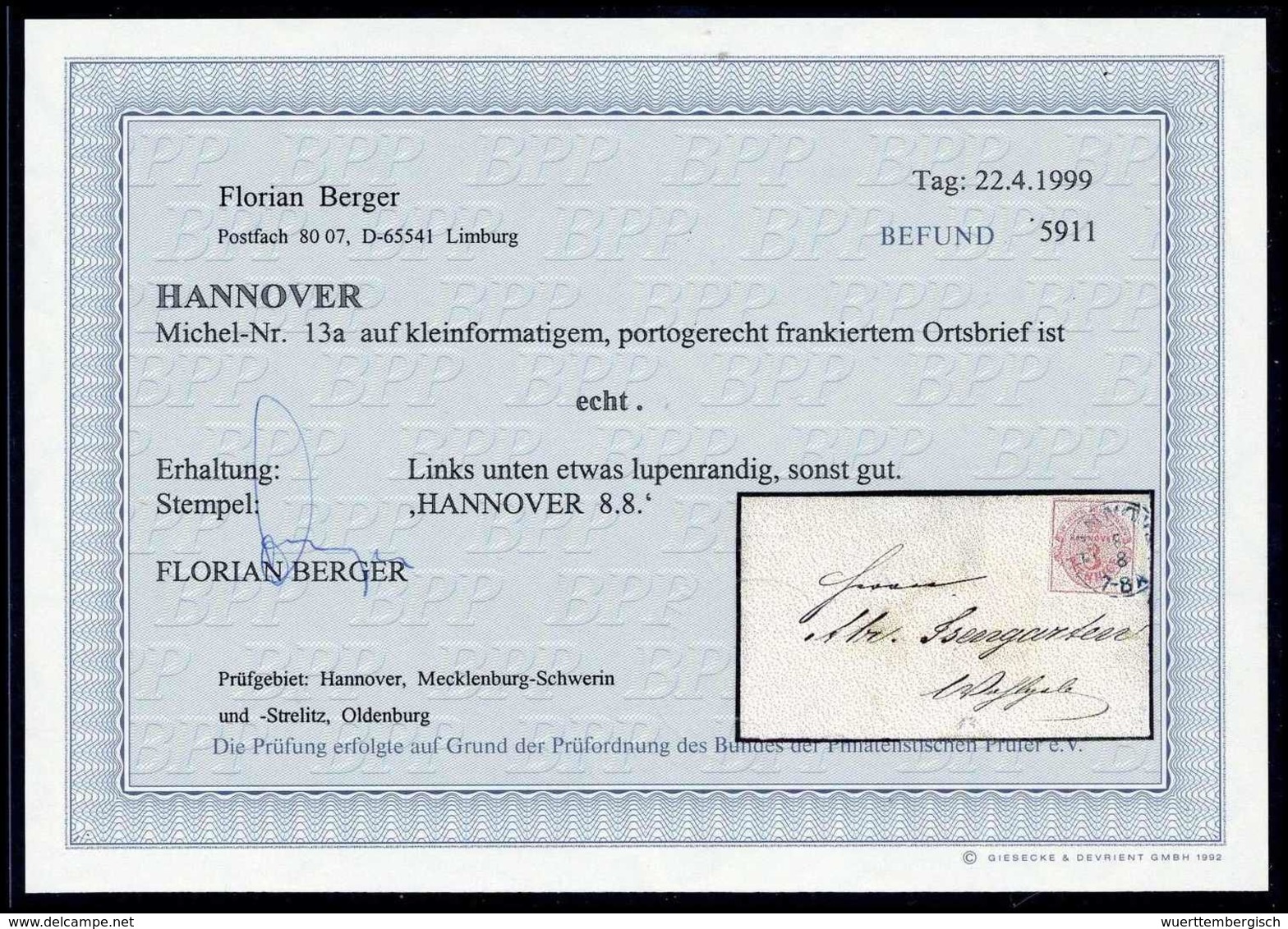 3 Pfg., Einzelfrankatur Mit Blauem K2 HANNOVER Auf Reizvollem Miniatur-Ortsbrief (li. Unten Etwas Lupenrandig), Fotobefu - Altri & Non Classificati