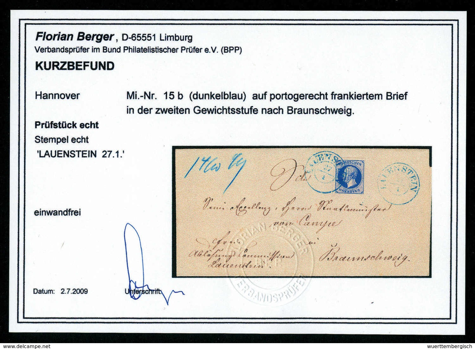 2 Gr., Schöner, Weißer Luxusbrief Mit Blauem K2 LAUENSTEIN, Fotobefund Berger BPP.<br/><b>Katalogpreis: 150,-</b> (Miche - Altri & Non Classificati