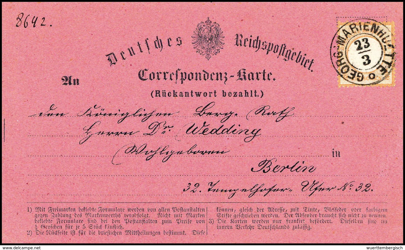 Beleg GEORGMARIENHÜTTE, K2 Ideal Auf Schöner Violetter Postkarte DR ½ Gr. ("Rückantwort Bezahlt"). (Michel: DR18) - Sonstige & Ohne Zuordnung