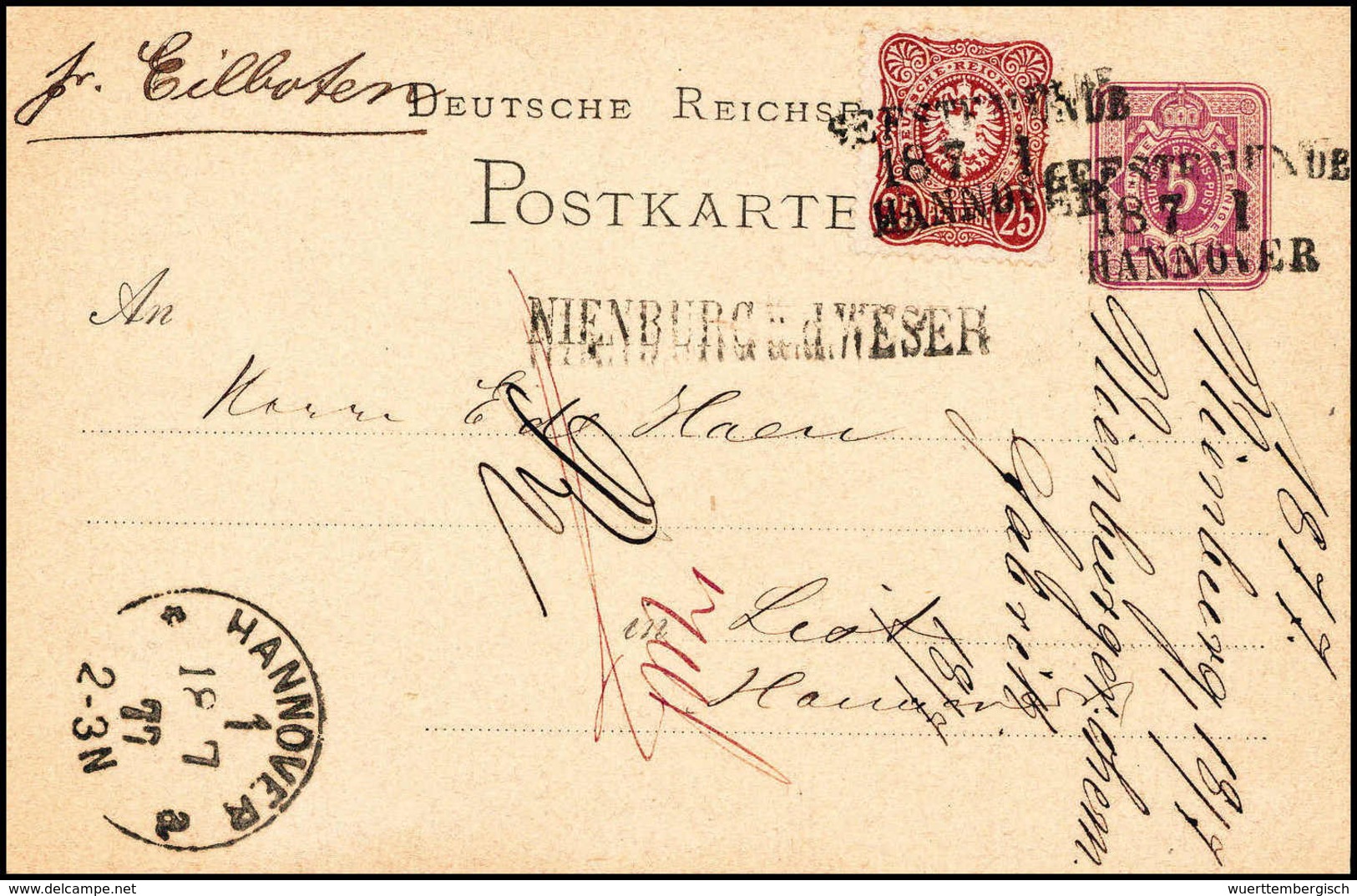 Beleg NIENBURG A.d. WESER, L1 Beiges. Auf Seltener Eilboten-Postkarte DR 5 Pfg. Mit Zusatzfrankatur 25 Pfg., Zug-L3 GEES - Altri & Non Classificati