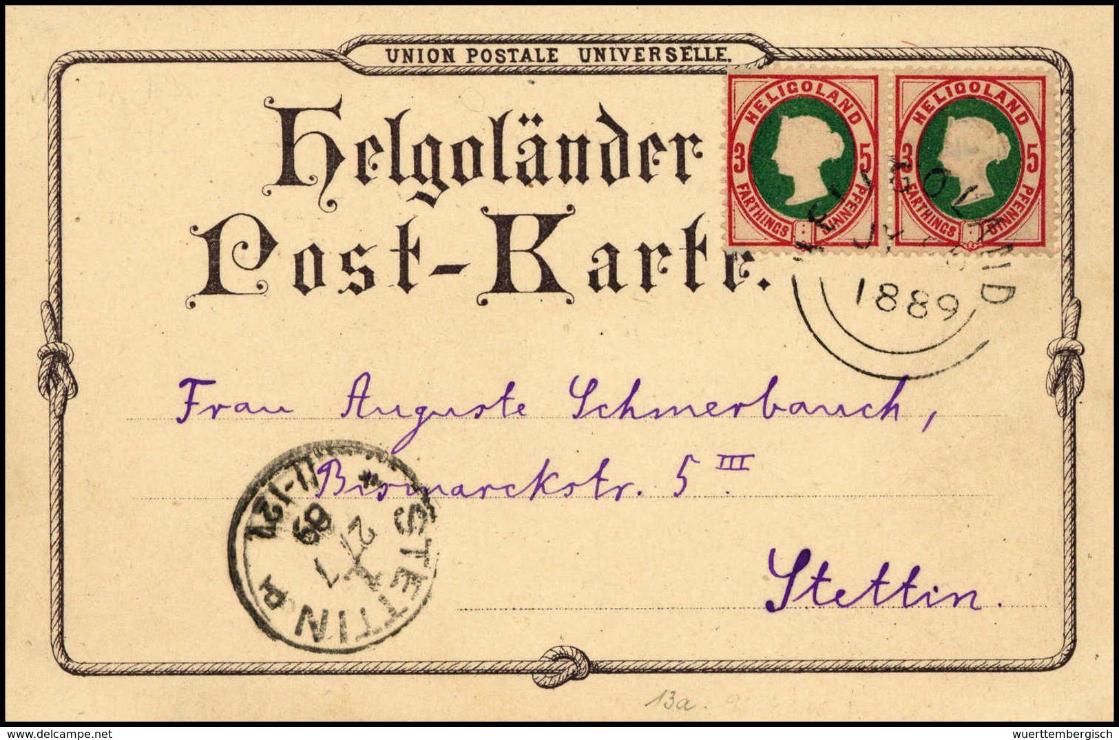 Beleg 5 Pfg., Waagr. Luxuspaar Auf Schöner Farblitho-Postkarte Nach Stettin, Klarer Stempel HELIGOLAND 25/7 89. (Michel: - Other & Unclassified