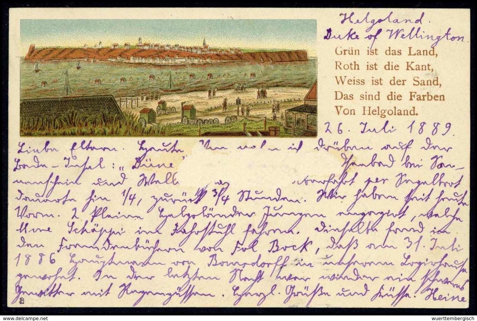Beleg 5 Pfg., Waagr. Luxuspaar Auf Schöner Farblitho-Postkarte Nach Stettin, Klarer Stempel HELIGOLAND 25/7 89. (Michel: - Autres & Non Classés