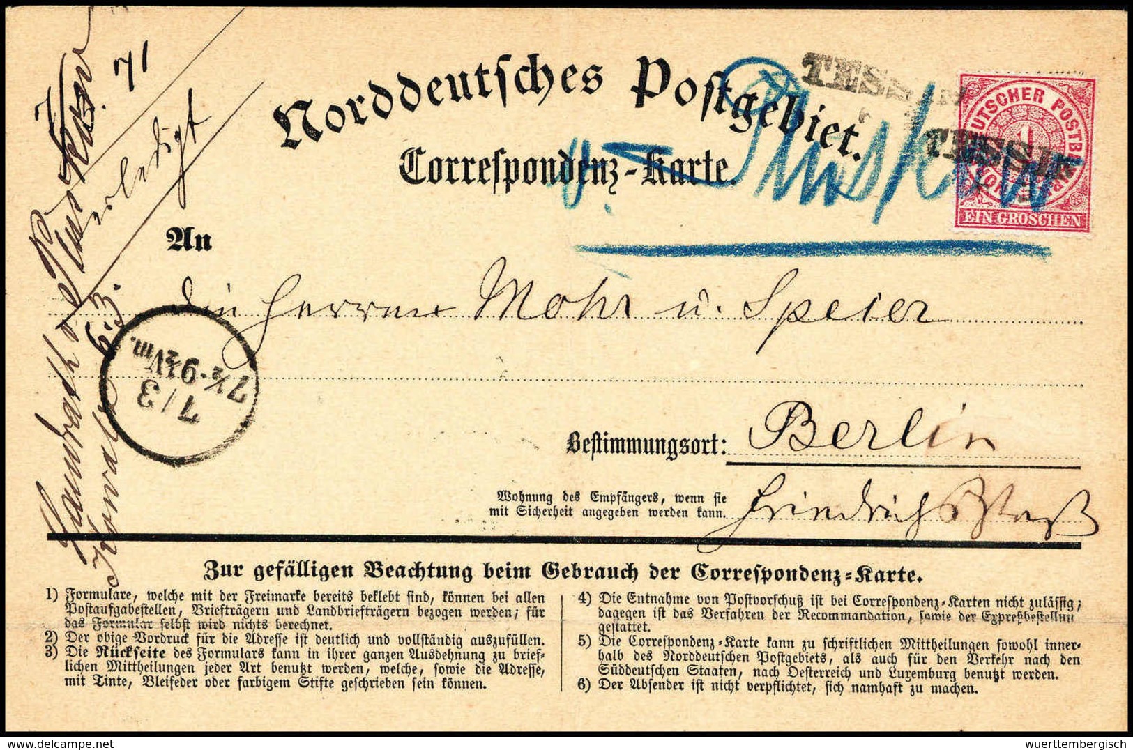 Beleg TESSIN, L1 Zweimal Auf Gef. NDP-Korrespondenzkarte 1 Gr., Blauer Speditionsvermerk "v.Güstrow". (Michel: NDP16) - Sonstige & Ohne Zuordnung