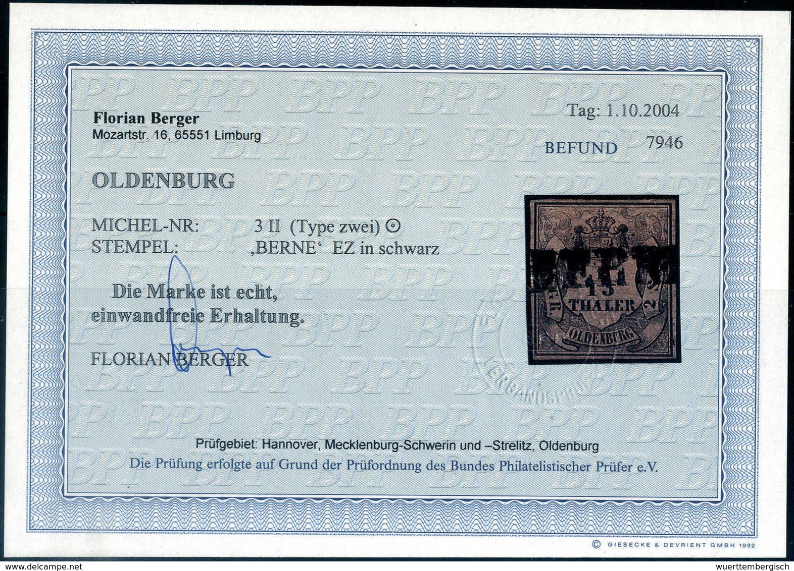 Gest. 1/15 Th., Prachtstück Mit Seltener Entwertung Durch Schwarzen L1 BERNE, Fotobefund Berger BPP.<br/><b>Katalogpreis - Sonstige & Ohne Zuordnung