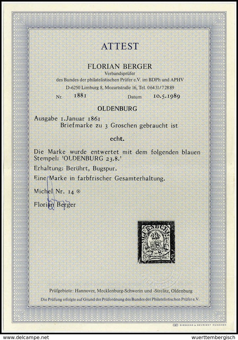 Gest. 3 Gr., Farbfrisches Exemplar Mit Zentr. Klarem K2 OLDENBURG (kl. Mgl.), Fotoattest Berger BPP.<br/><b>Katalogpreis - Autres & Non Classés