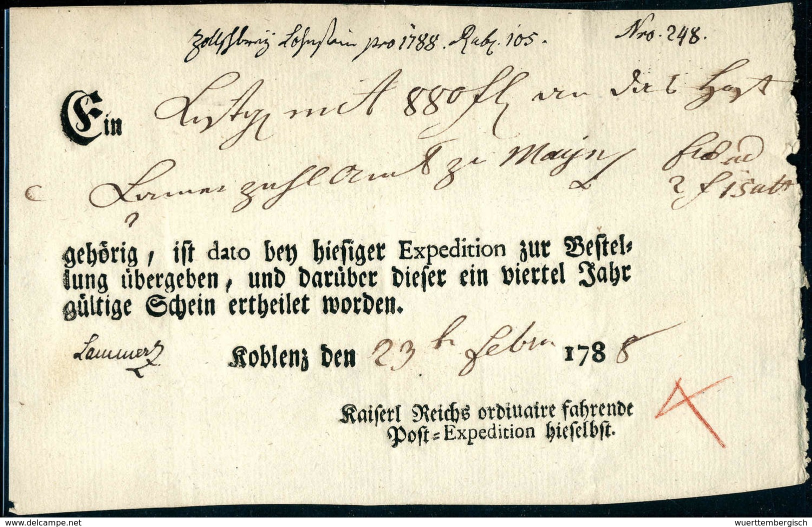 Beleg 1788, Koblenz, Seltener Ortsdruck-Postschein Der Kaiserl. Fahrenden Reichspost-Expedition. - Altri & Non Classificati