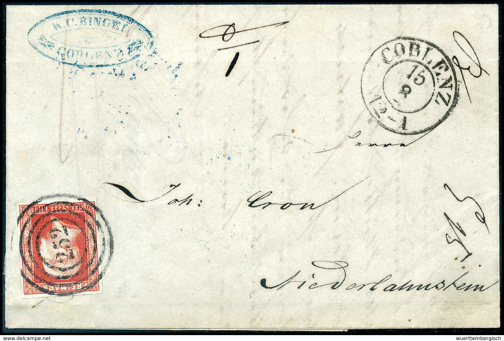 Beleg Brief Nach Taxis Zum Ortstarif: ½ Sgr., Breitrandiges Kab.-Stück Mit Zentr. Stempel "252" COBLENZ 15/8 (1856) Auf  - Autres & Non Classés