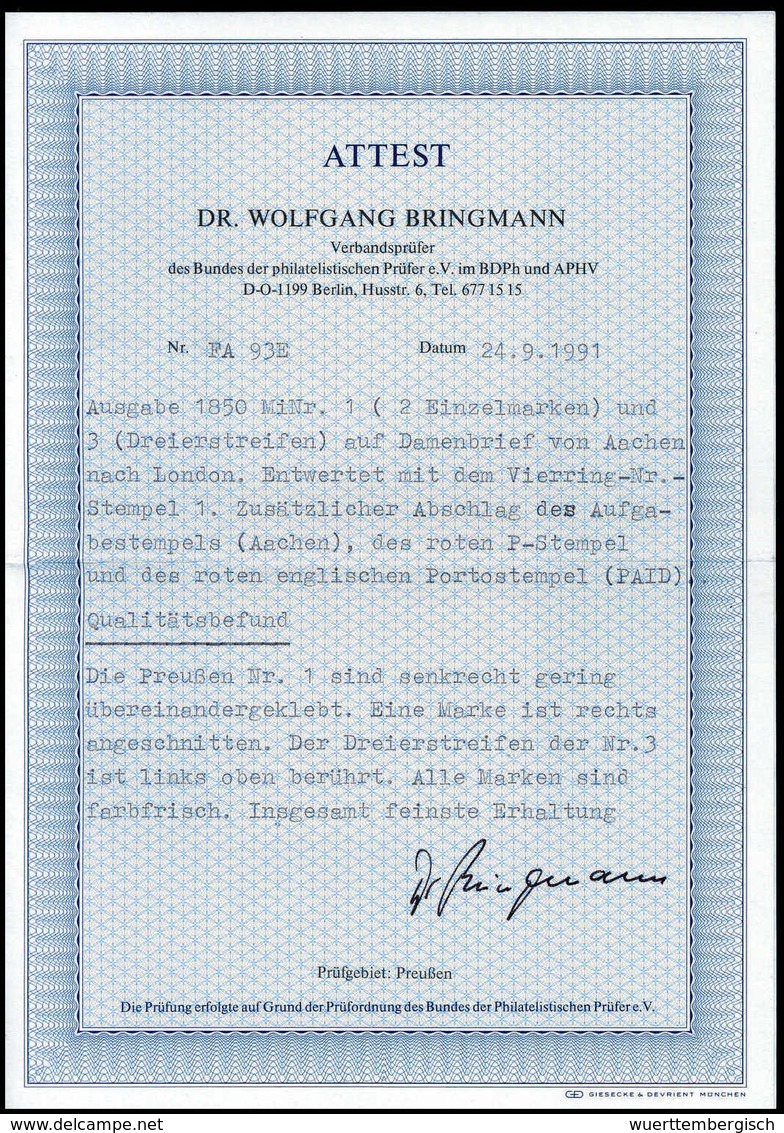 Beleg ½ Sgr., Zwei Exemplare Mit Waagr. Dreierstreifen 2 Sgr. A. Dunkelblau (teils Im Schnitt Ber.) Auf Dekorativem Kl.  - Altri & Non Classificati