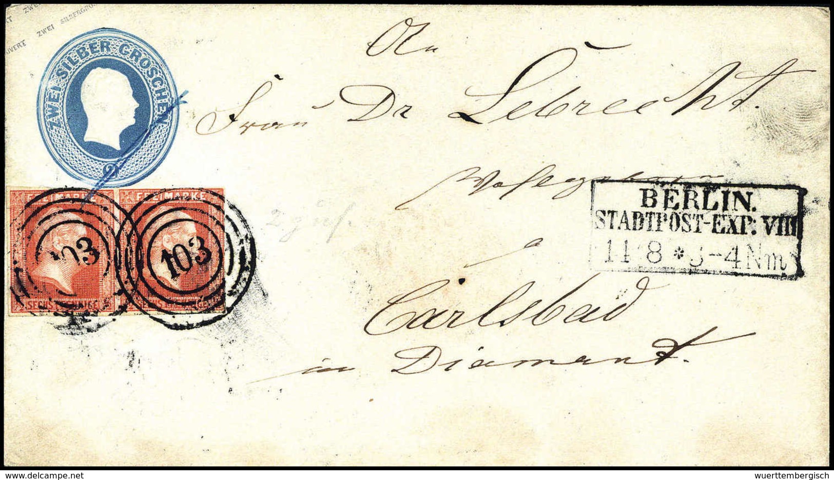 Beleg ½ Sgr., Noch Vollrandiges Prachtpaar Mit Stempel "103" BERLIN STADTPOST-EXP.VIII Auf Ganzsache 2 Sgr. Blau Nach Ka - Altri & Non Classificati