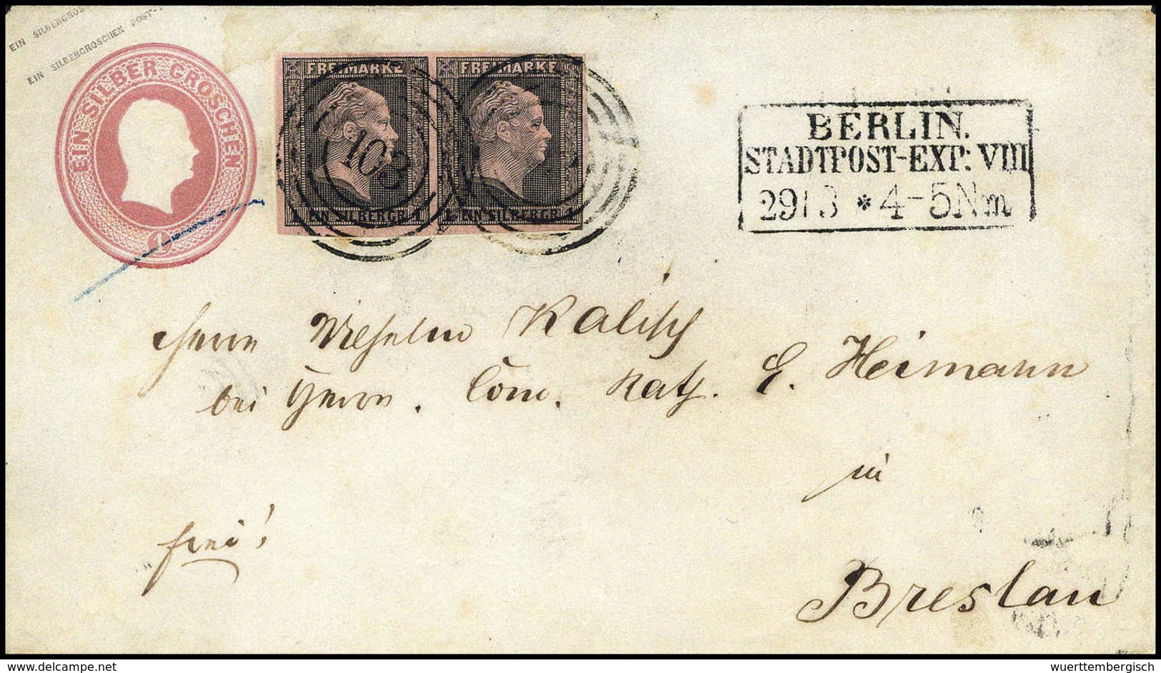 Beleg 1 Sgr., Waagr. Kab.-Paar Mit Zentr. Stempeln "103" BERLIN STATDPOST-EXP.VIII Auf Ganzsachenumschlag 1 Sgr. Rosa Na - Sonstige & Ohne Zuordnung