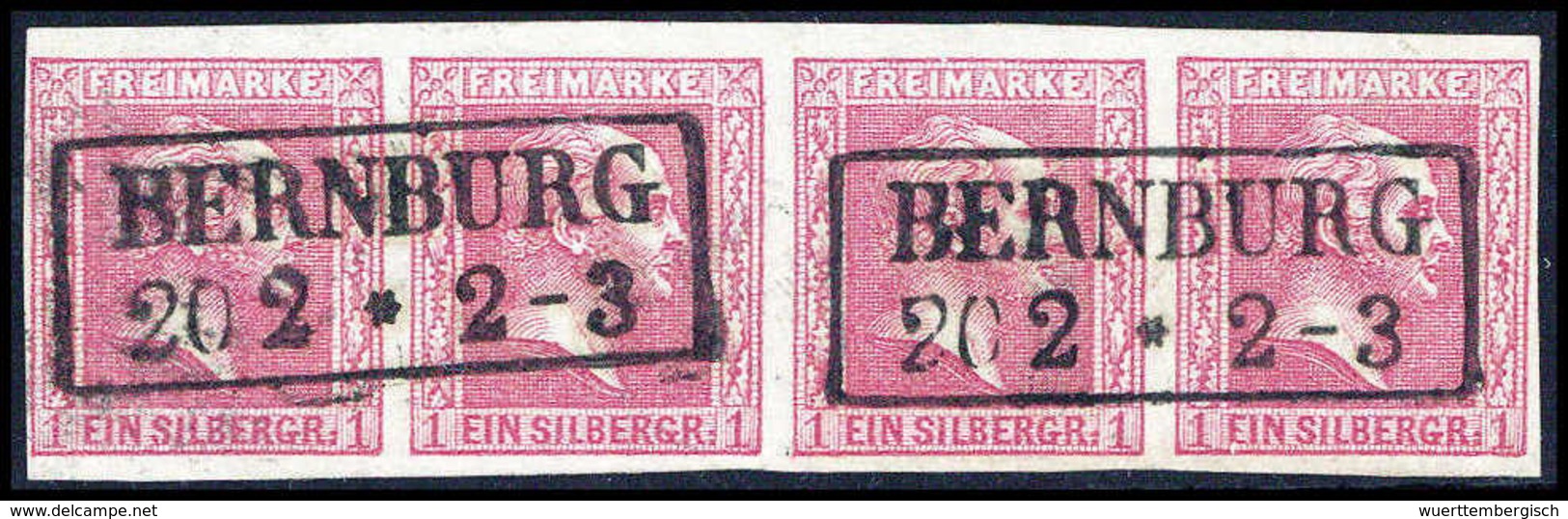 Gest. 1 Sgr., Waagr. Luxus-Viererstreifen Mit Zwei Dekorat. Aufges. R2 BERNBURG, Fotobefund Brettl. (Michel: 10a(4)) - Altri & Non Classificati