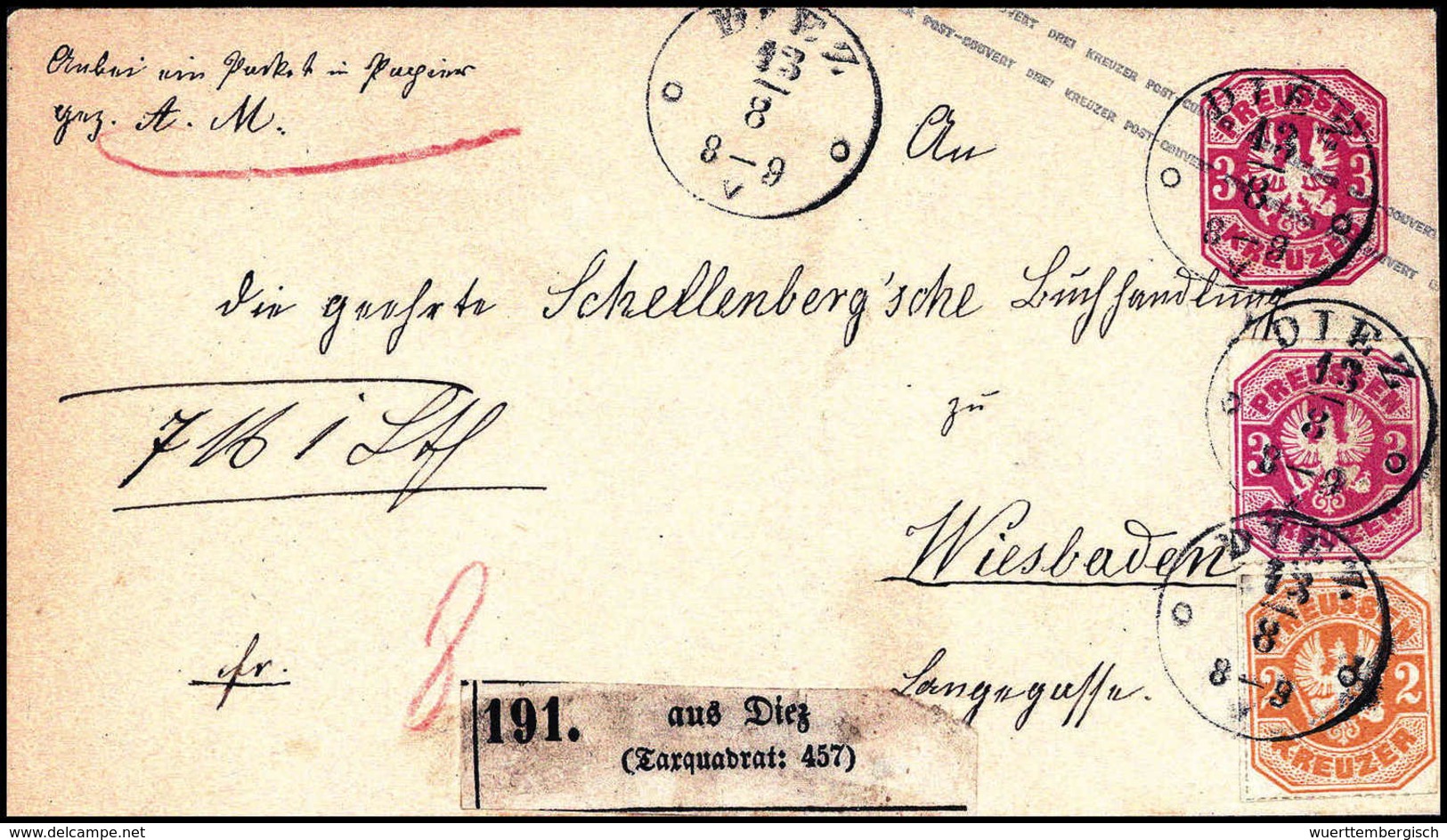 Beleg 2 Kr. Mit 3 Kr. Karminrosa Auf Ganzsachenumschlag 3 Kr. Karmin Als Paketbegleitbrief Mit Taxis-K1 DIETZ 13/8 (1867 - Autres & Non Classés