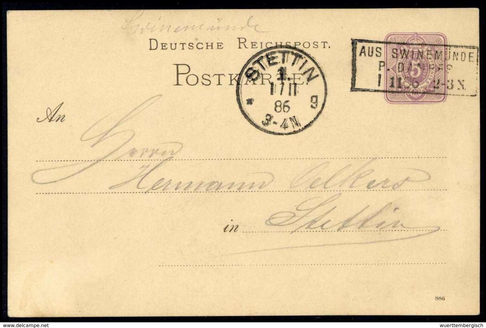 Beleg AUS SWINEMÜNDE P.DAMPFS. 1/11 86, R3 Mit Uhrzeit Auf Tadelloser Postkarte 5 Pfg. (Michel: DR) - Autres & Non Classés