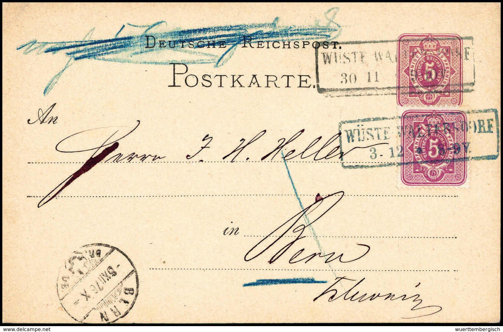 Beleg WÜSTE WALTERSDORF 3/12 (1876), R2 In Blau Und Schwarz Zusammen Auf Postkarte DR 5 Pfg. Mit Wertgleicher Zusatzfran - Autres & Non Classés