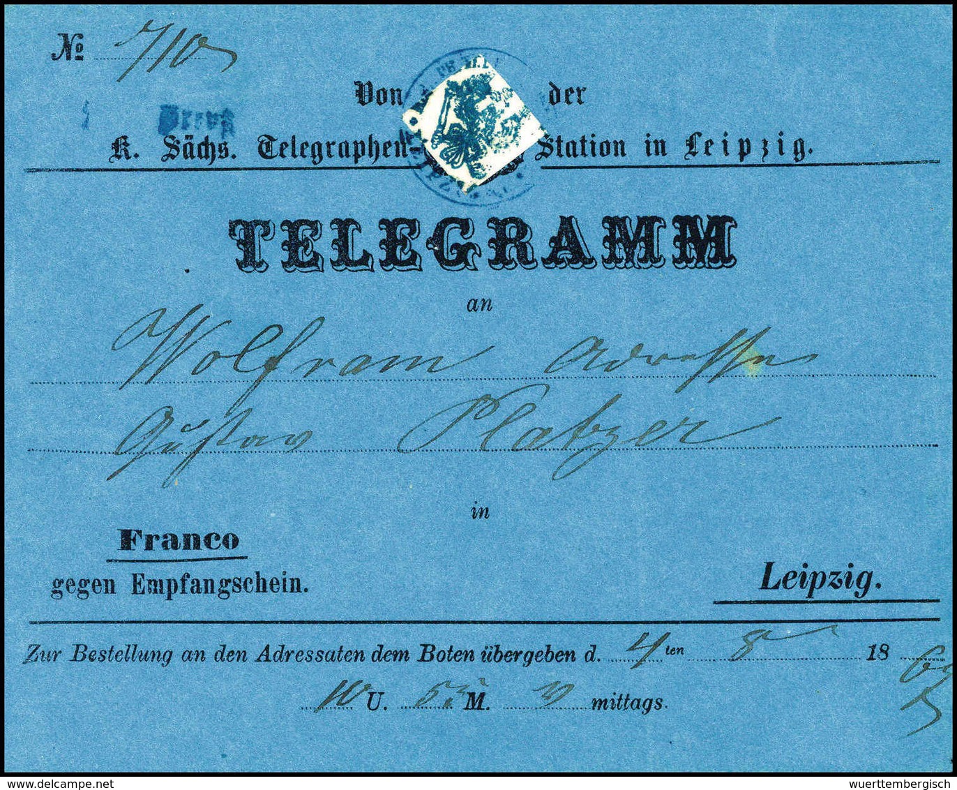 Beleg 1867, Leipzig, Blaues Vordruck-Telegramm Im Ortsverkehr (leichte Beförd.-Spuren) Mit Weißem Aufkleber Und Darüberg - Altri & Non Classificati