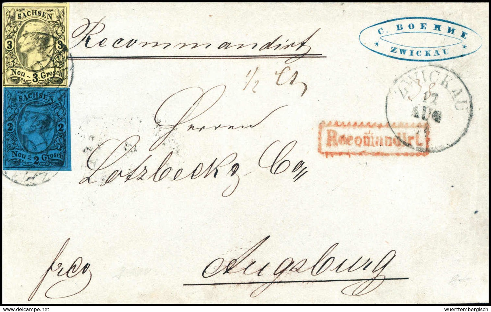 Beleg 2 Ngr. Und 3 Ngr. A. Gelb, Schöner Luxus-Rekommandiertbrief Nach Bayern, Klare Stempel "9" ZWICKAU. (Michel: 10a,1 - Other & Unclassified