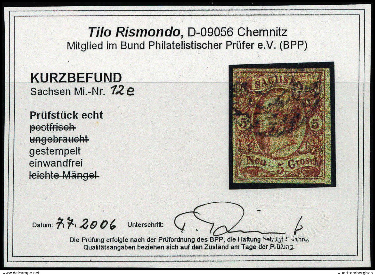 Gest. 5 Ngr., Breitrandiges Kab.-Stück, Fotobefund Rismondo BPP.<br/><b>Katalogpreis: 220,-</b> (Michel: 12e) - Altri & Non Classificati