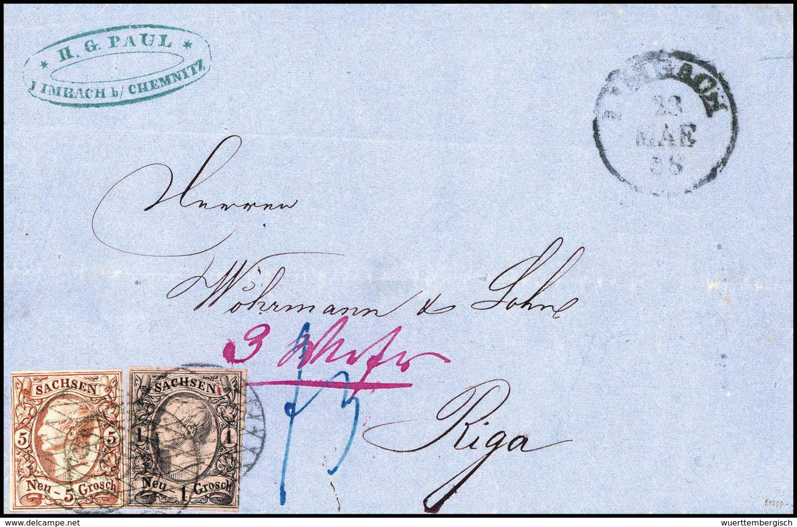 Beleg 5 Ngr. Und 1 Ngr., Frische 6-Gr.-Frankatur (leicht Berührt) Auf Schönem Blauem Brief Von Limbach (1858) Nach Riga/ - Autres & Non Classés