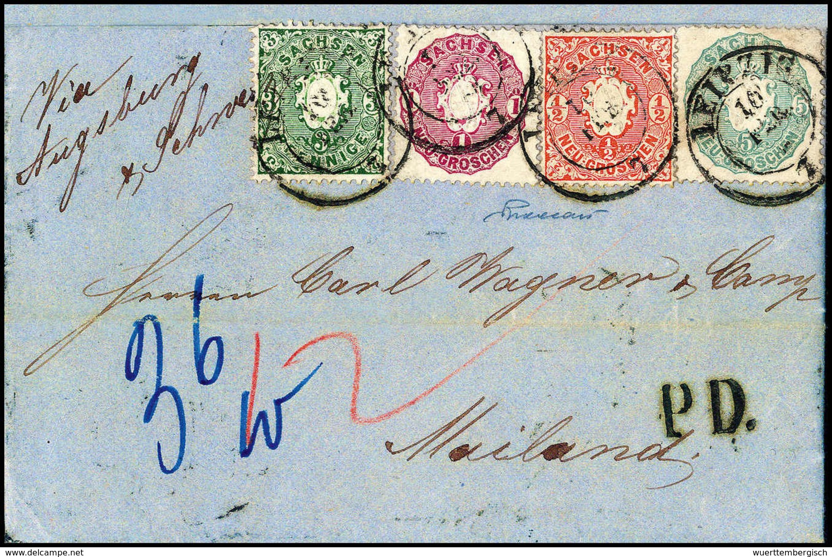 Reine Vierfarben-Frankatur: 3 Pfg. Mit ½ Ngr. Rotorange, 1 Ngr. Magenta Und 5 Ngr. Graublau Als Reine Vierfarben-Frankat - Autres & Non Classés