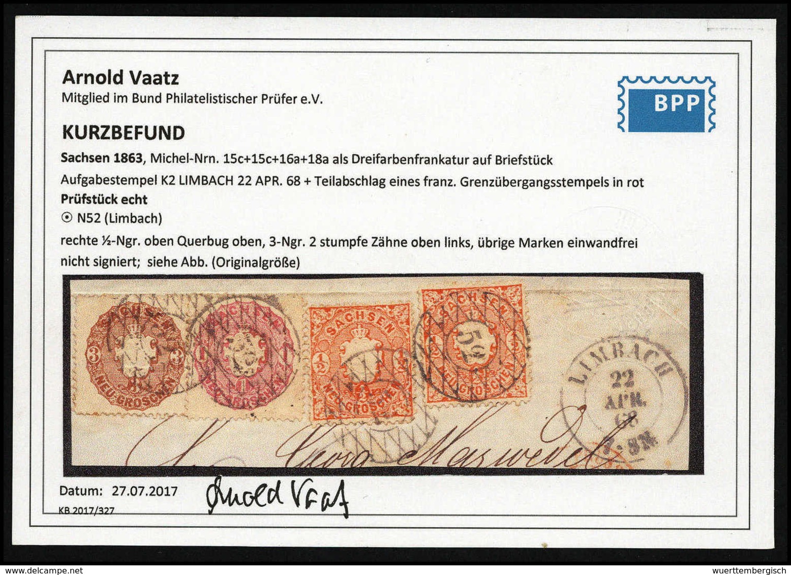 Beleg ½ Ngr.(2) Mit 1 Und 3 Ngr. Auf Schönem Bfstk. (zwei Marken Kl. Mgl.) Mit Klaren Stempeln "52" LIMBACH, Fotobefund  - Autres & Non Classés